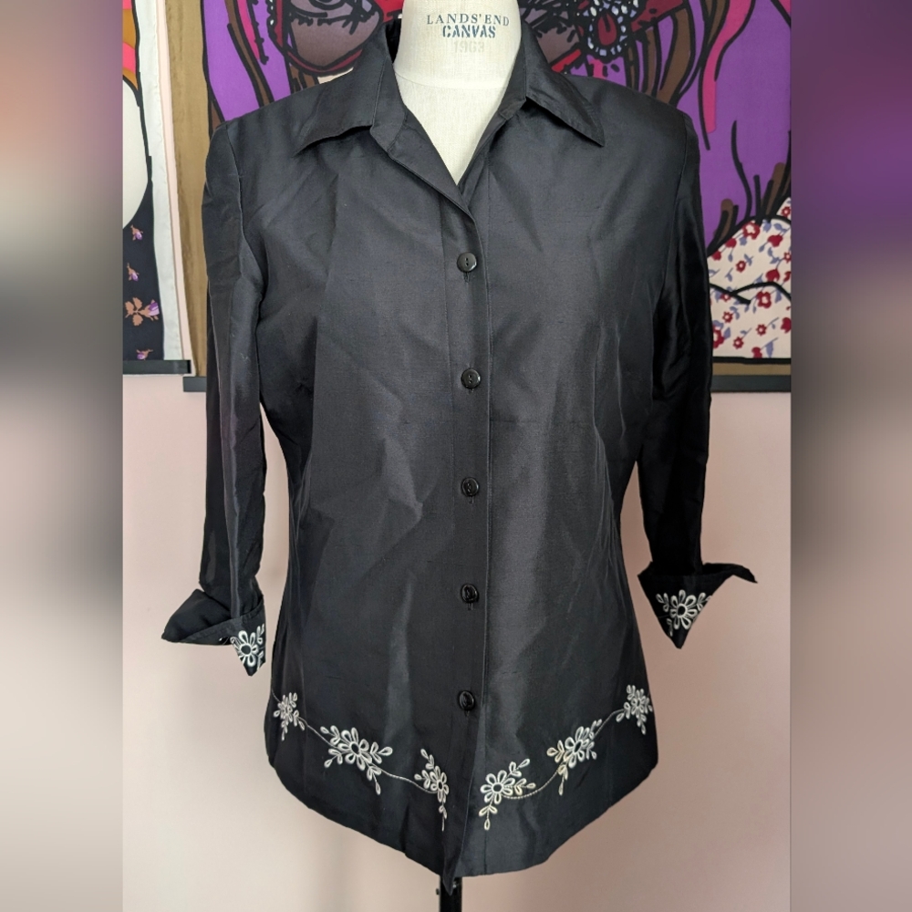 I.S.C. Black Button Down Shirt with White Embroidery